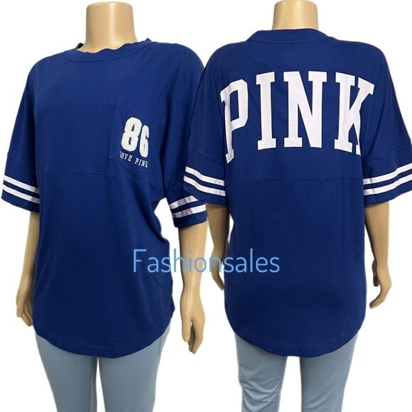 Victorias Secret Pink Varsity Short Sleeve Crew Tee Shirt Blue Medium - Picture 3 of 4